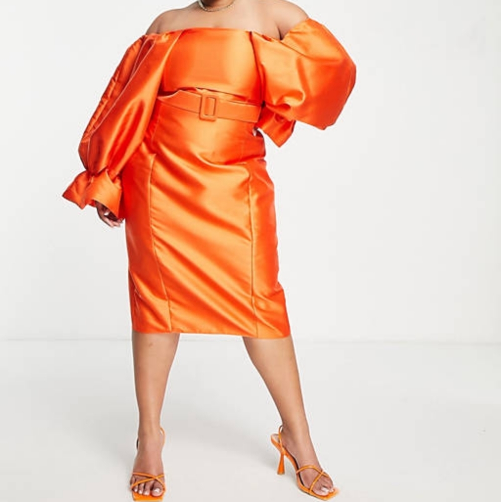 ASOS LUXE Curve belted drama sleeve structured satin midi dress in hot orange - Picture 1 of 10